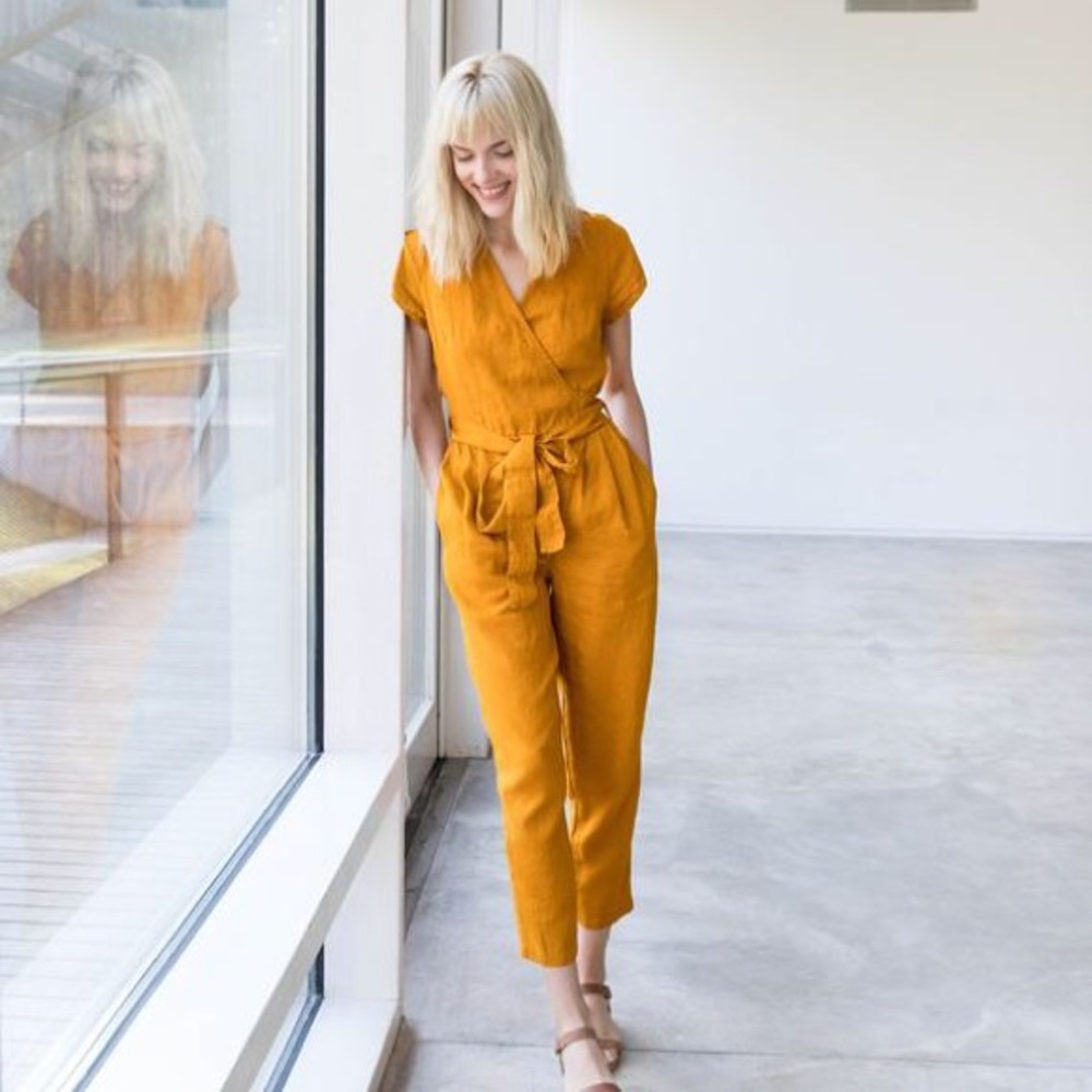 Not Perfect Linen wrap jumpsuit in amber yellow